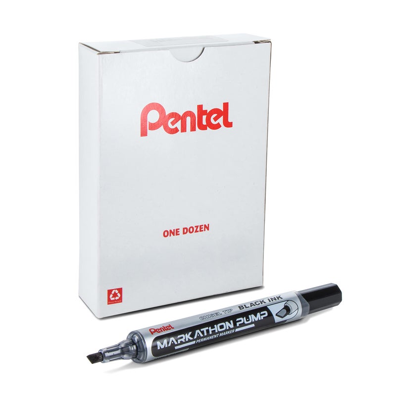 Pentel Markathon Pump Permanent Marker, Chisel Tip, Black Ink, 12 Pack (NLF60X-A) - Image 1